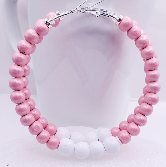 Hoop earrings with natural wooden beads, large hoop earrings - Picture 6 of 7